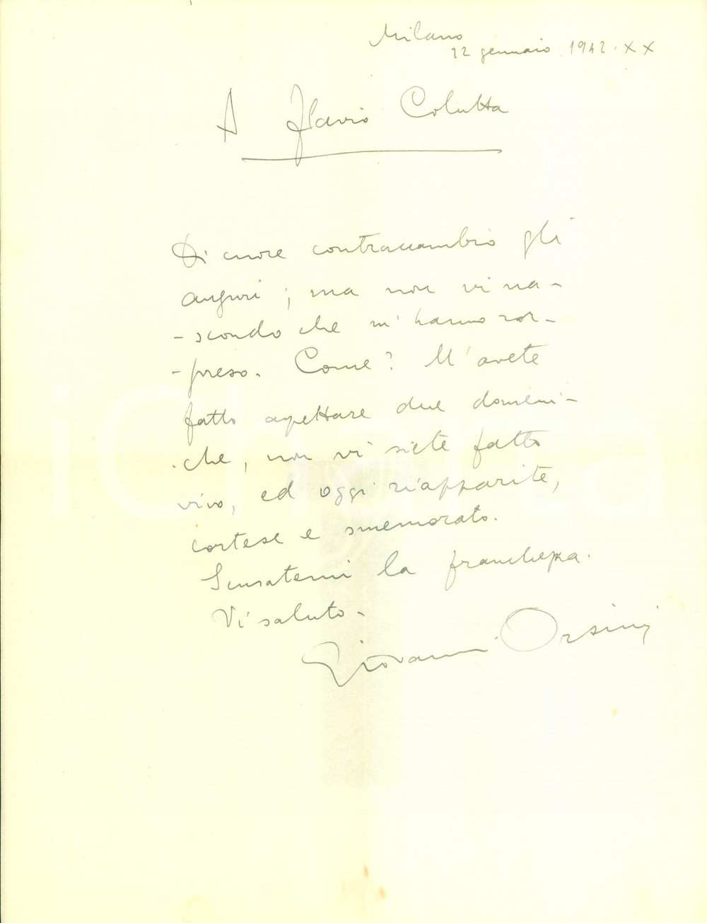 Autografo originale 1941 MILANO Scrittore Giovanni ORSINI deluso dalla smemoratezza di un amico 1