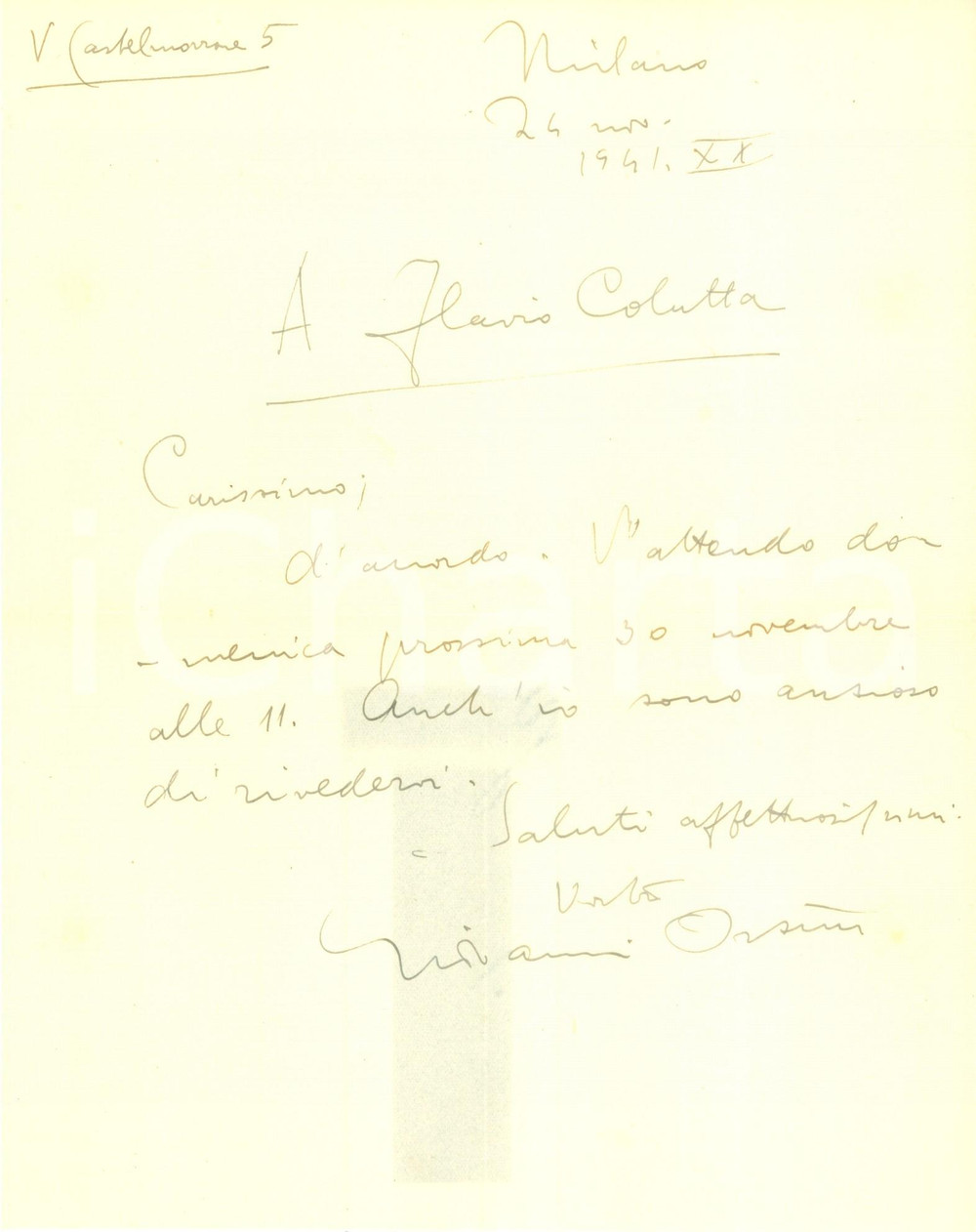 Autografo originale 1941 MILANO Scrittore Giovanni ORSINI conferma un appuntamento AUTOGRAFO 1