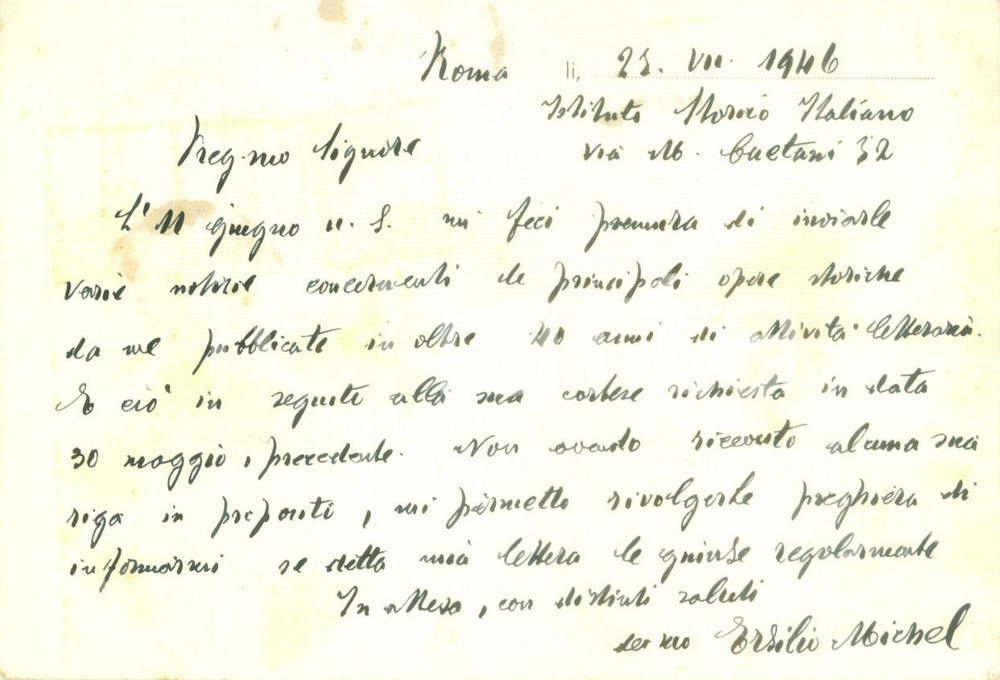 Autografo originale 1946 ROMA Storico Ersilio MICHEL Archivio Storico di CORSICA Cartolina AUTOGRAFA 1