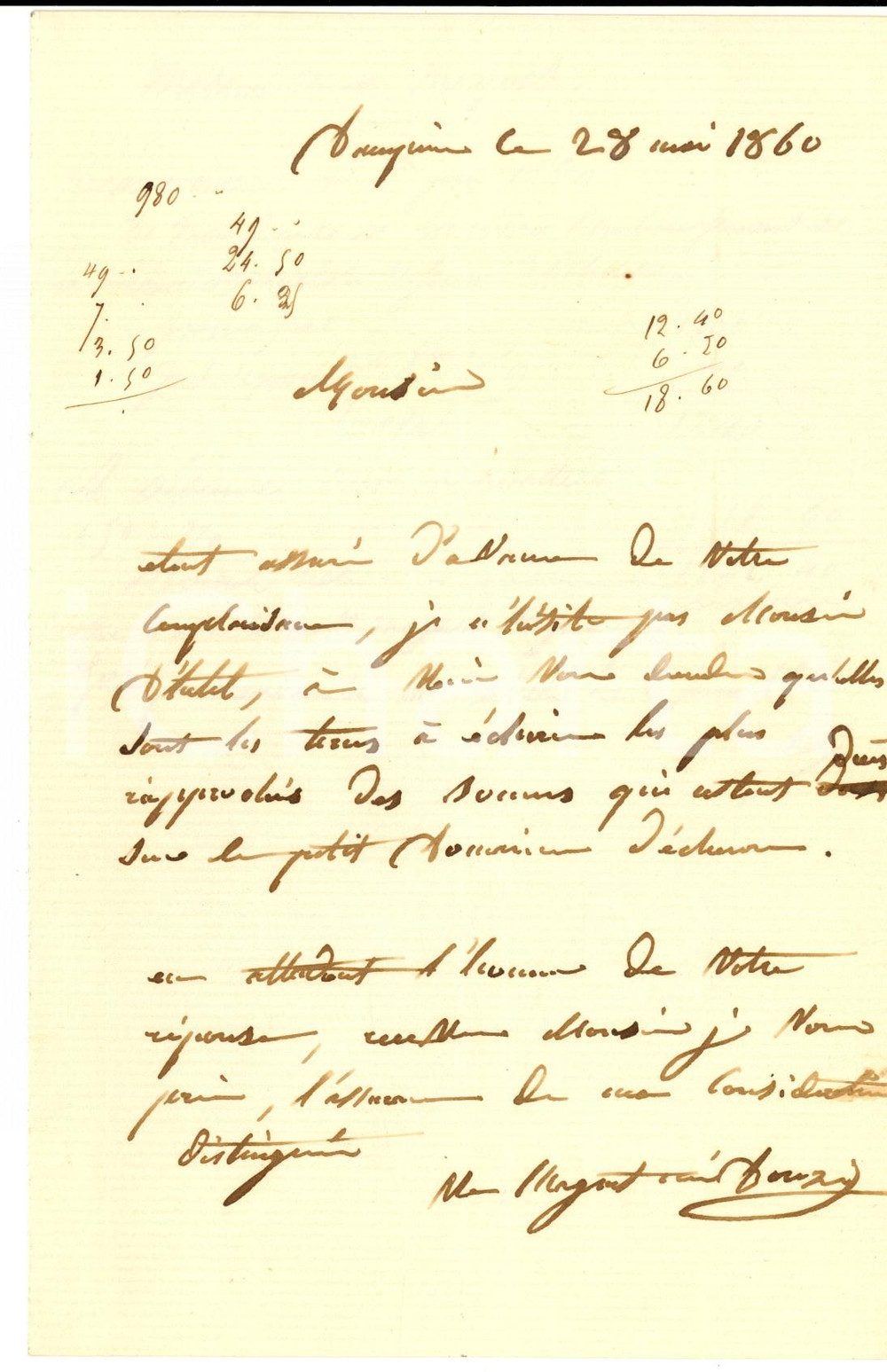 Documento originale, autentico 1860 JURA FRANCE Madame MAGUET à  propos des sommes à solder Lettre 1