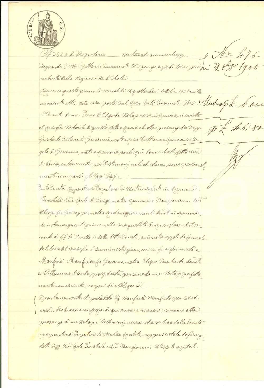 Documento originale, autentico 1908 CREMONA Contratto mutuo Manfredo MANFREDI e SocietÃ  Cooperativa Popolare 1
