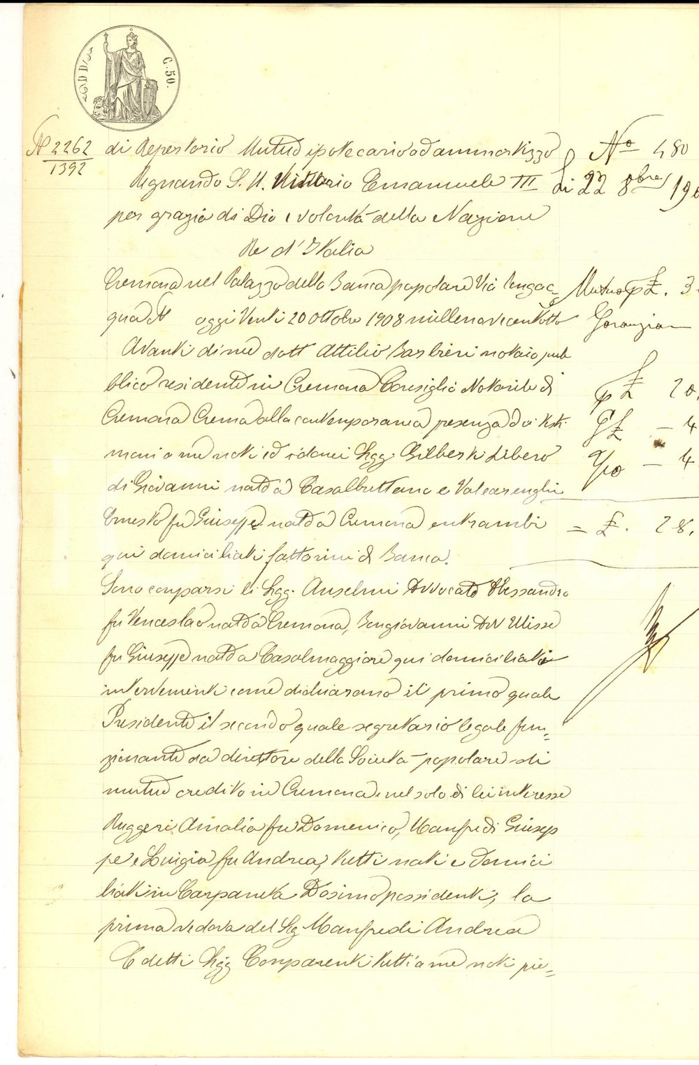 Documento originale, autentico 1908 CREMONA Contratto mutuo Giuseppe MANFREDI e SocietÃ  Cooperativa Popolare 1