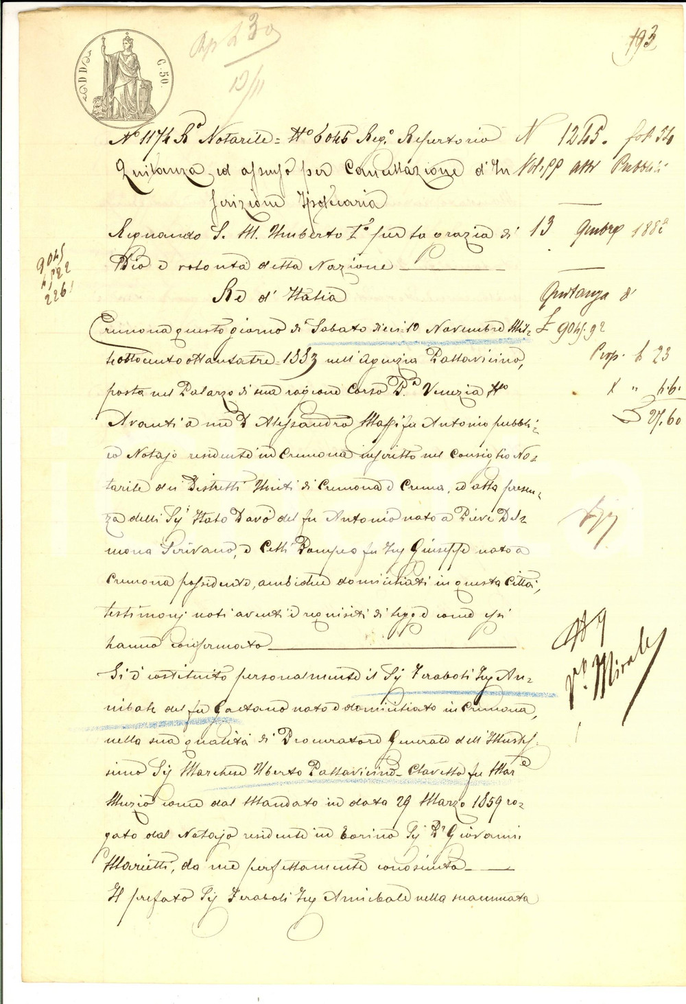 Documento originale, autentico 1883 CREMONA Quietanza marchese Uberto PALLAVICINO CLAVELLO pro Antonio GANZI 1