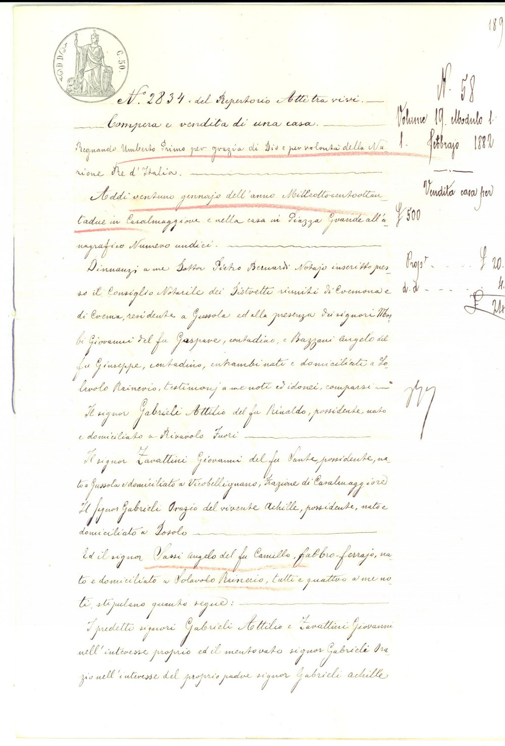 Documento originale, autentico 1882 SOLAROLO RAINERIO CR Attilio GABRIELI e Giovanni ZAVATTINI vendono casa 1