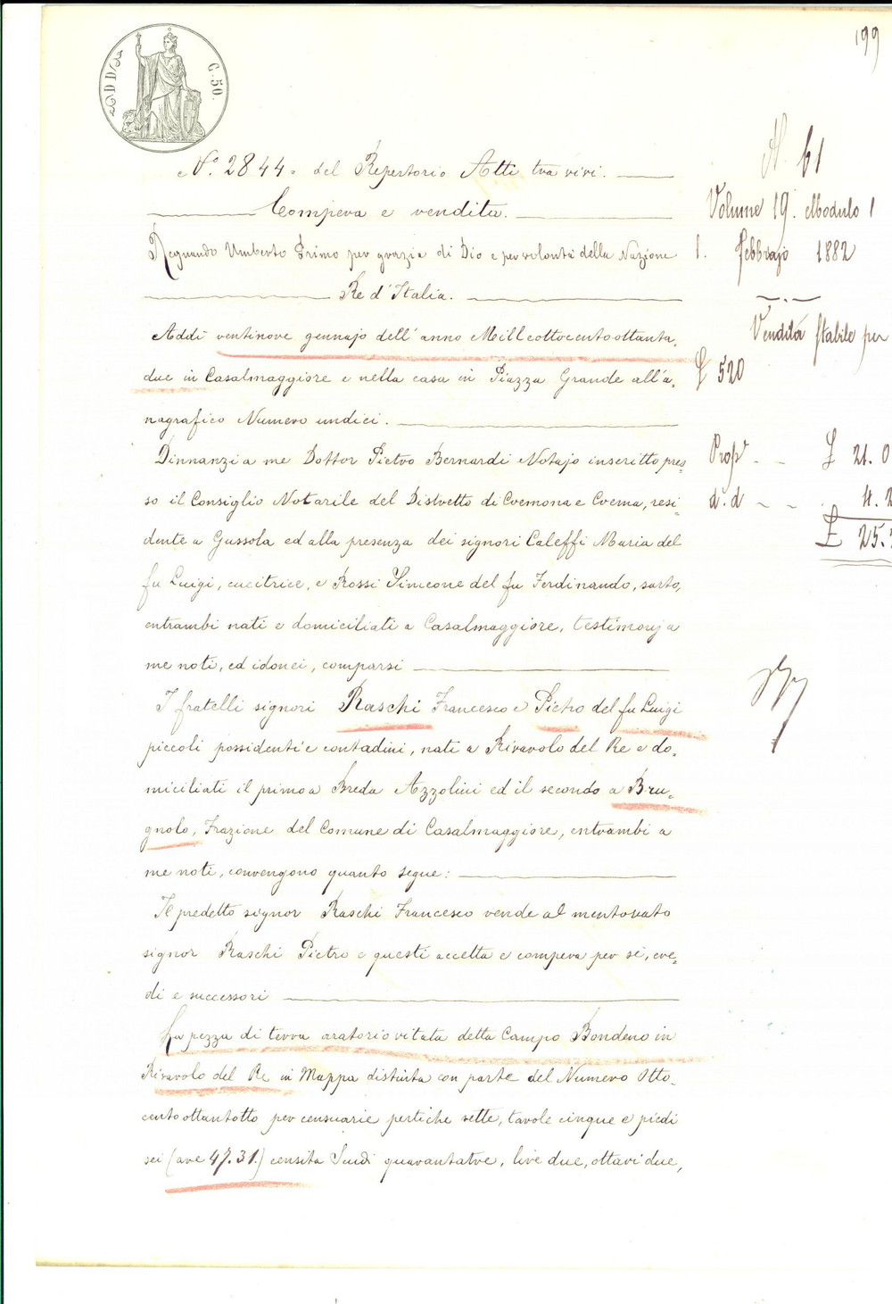 Documento originale, autentico 1882 RIVAROLO DEL RE CR Francesco RASCHI vende terra al fratello Pietro 1