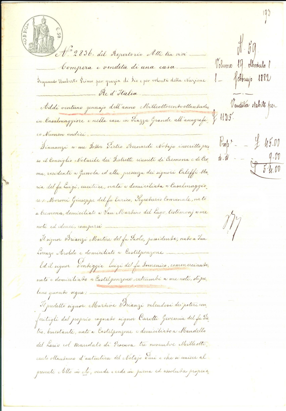 Documento originale, autentico 1882 CASTELPONZONE CR Geremia CAROTTI vende casa a Luigi PONTIGGIA Documento 1