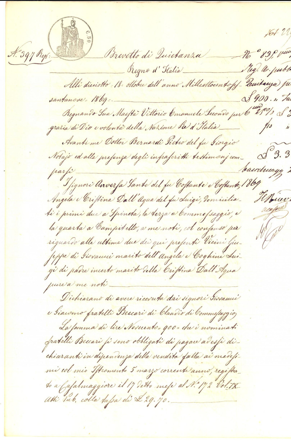Documento originale, autentico 1869 COMMESSAGGIO MN Quietanza a Giovanni e Giacomo BECCARI per somma saldata 1