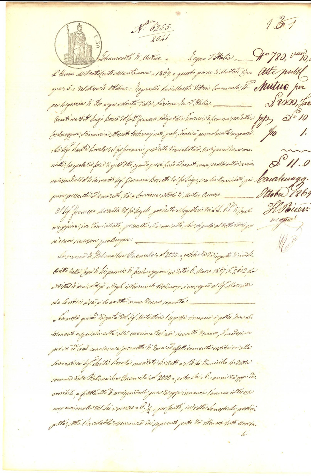Documento originale, autentico 1869 MARTIGNANA DI PO CR Prestito di Santa BORELLA a Francesco MEZZADRI 1