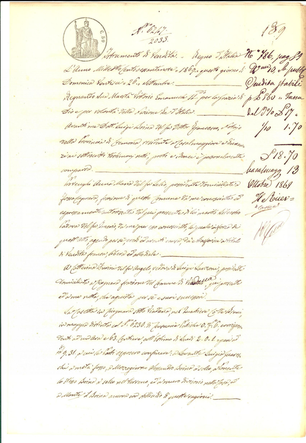 Documento originale, autentico 1869 CICOGNARA / VIADANA MN Anna Maria PROVENGHI vende casetta a CA  DE  BRUNI 1