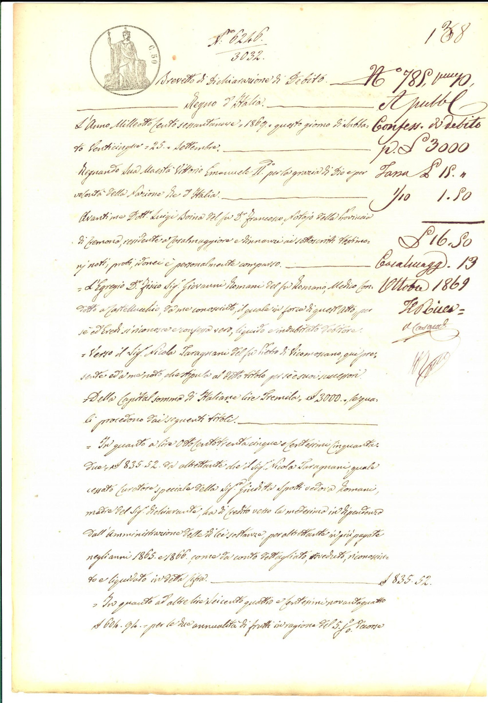 Documento originale, autentico 1869 CASTELLUCCHIO MN Prestito Nicola TARAGNANI a Giovanni ROMANI medico 1