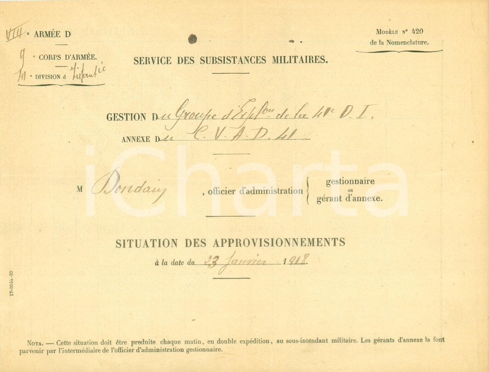 Documento originale, autentico 1918 FRANCE WW1 Approvvigionamenti per la 41Â° Division d Infanterie Documento 1