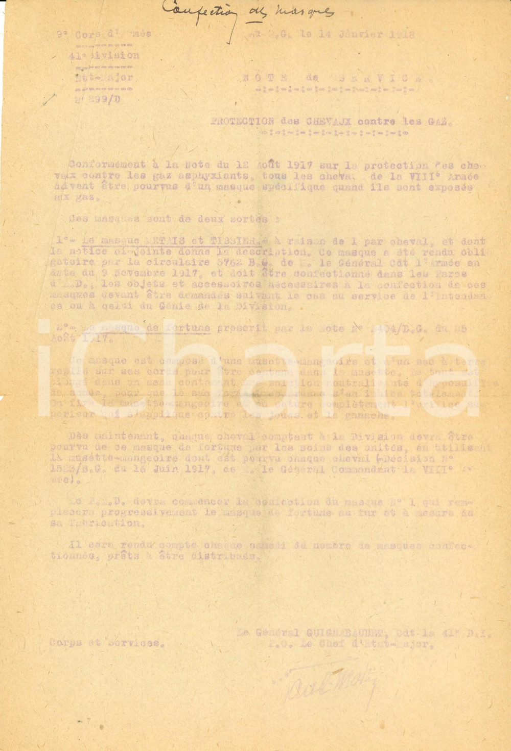 1918 FRANCE WW1 Sulle maschere antigas per i cavalli *Documento ILLUSTRATO