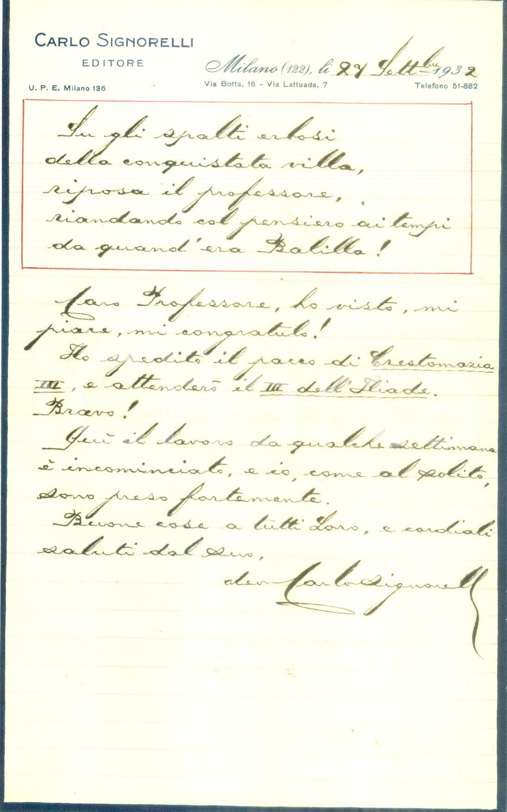 Autografo originale 1932 MILANO Editore Carlo SIGNORELLI invia una poesia a Giuseppe LIPPARINI 1