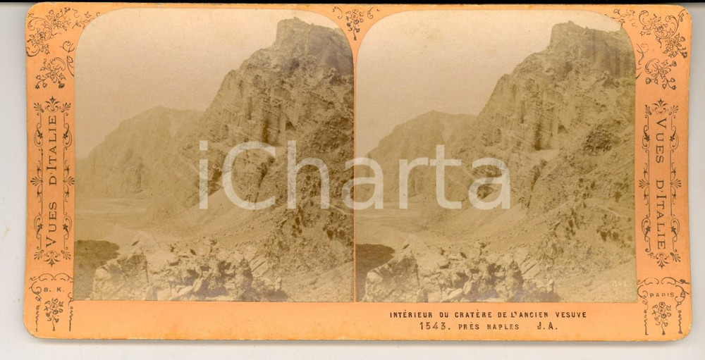 Fotografia d epoca originale 1880 ca NAPOLI Interno dell antico cratere del Vesuvio Foto stereoscopica 18x9 1