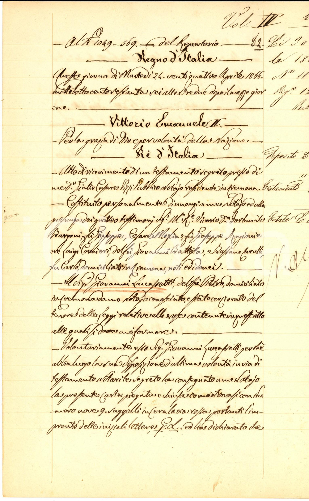 Documento originale, autentico 1866 CREMONA Consegna testamento di Giovanni LUCCASSETTI Manoscritto 1