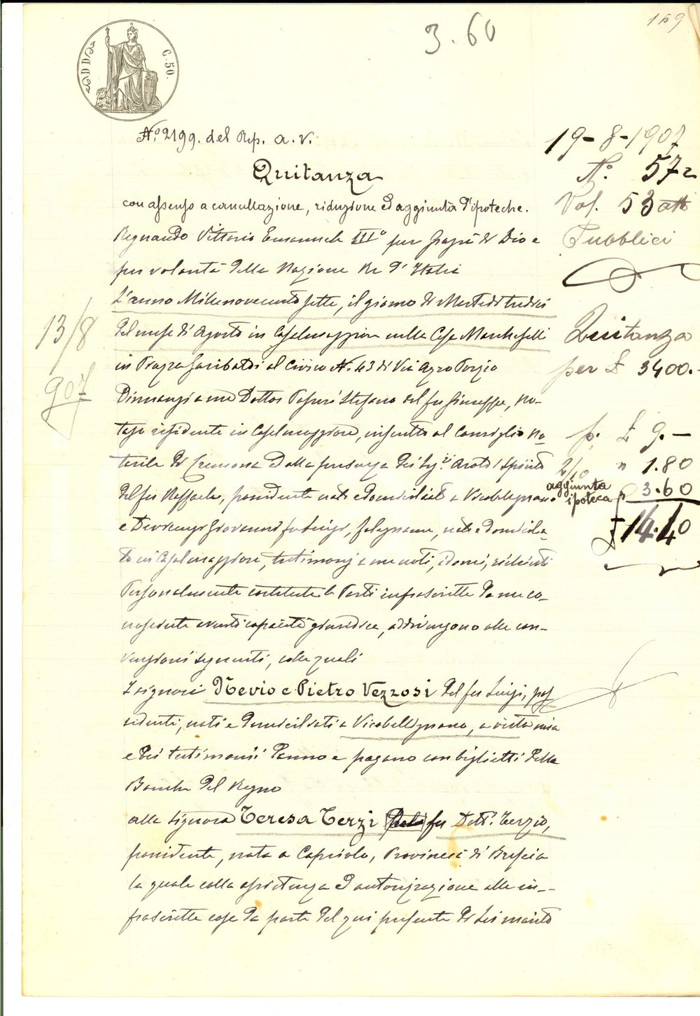 Documento originale, autentico 1907 CASALMAGGIORE CR Quietanza di Teresa TERZI pro Nevio e Pietro VEZZOSI 1