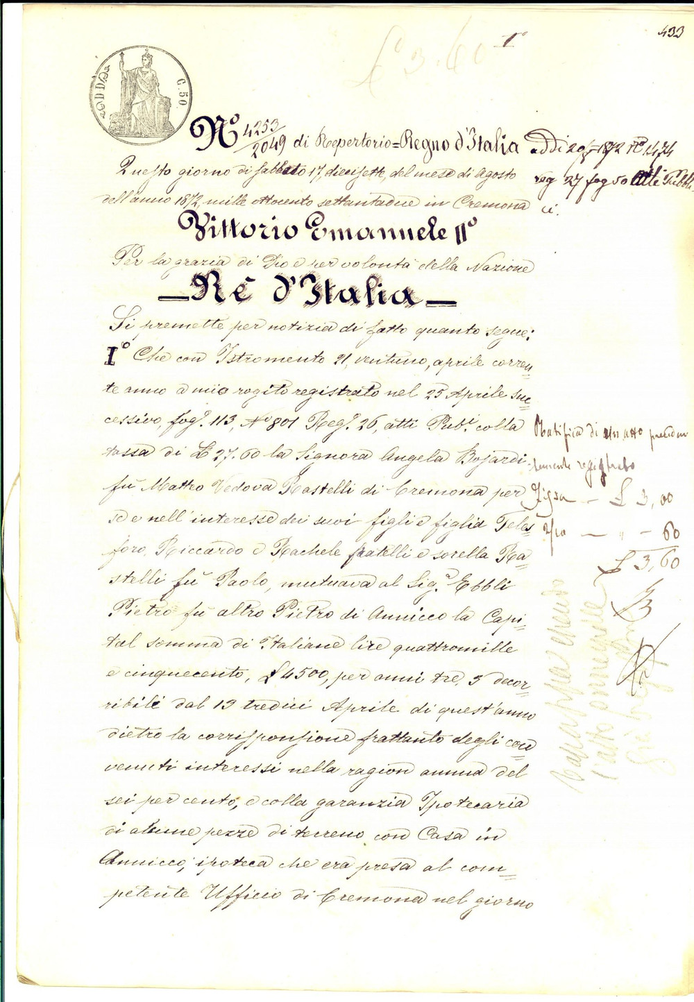Documento originale, autentico 1872 ANNICCO CR Ratifica mutuo Angela BOJARDI pro Pietro EBBLI Manoscritto 1