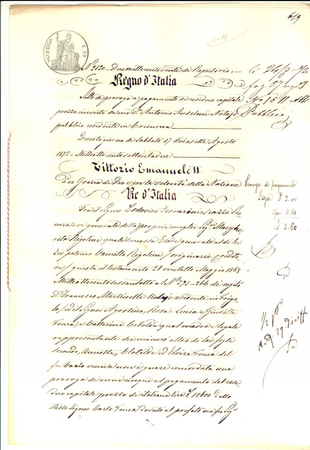 Documento originale, autentico 1872 ROMANENGO Proroga a Carlo TENCA saldo beni acquistati da Camillo RIGOLINI 1