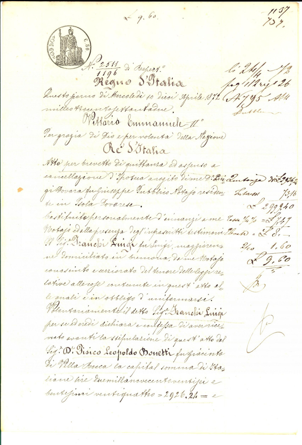 Documento originale, autentico 1872 CREMONA Quietanza Luigi FRANCHI pro fisico Leopoldo BONETTI Manoscritto 1