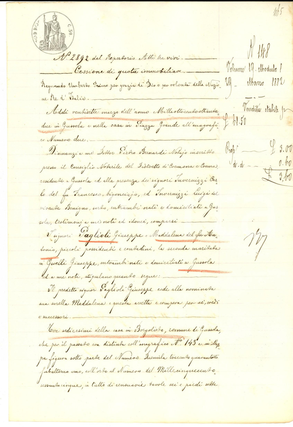 Documento originale, autentico 1882 BORGOLIETO/ GUSSOLA CR Giuseppe PAGLIOLI cede quota casa alla sorella 1