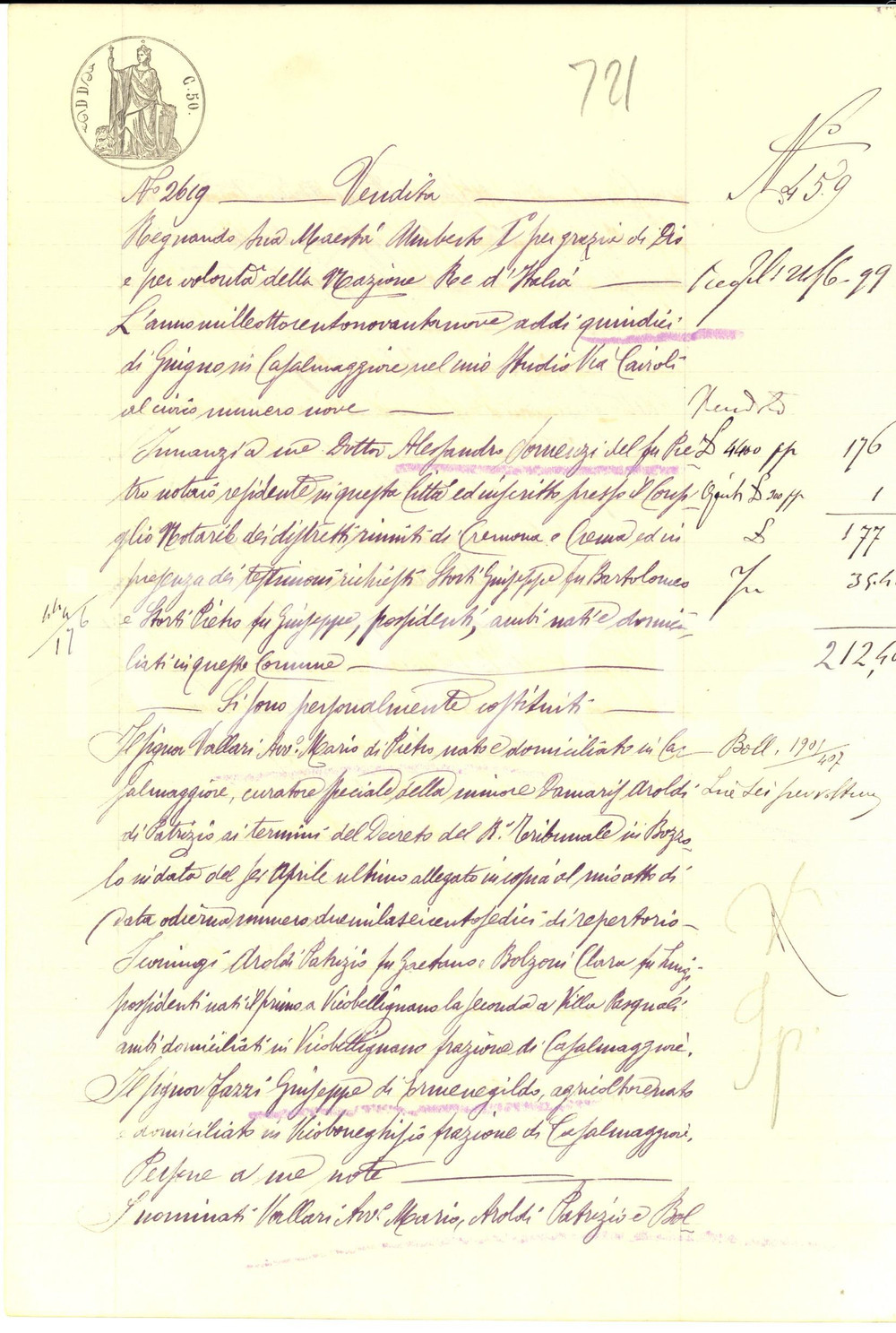 Documento originale, autentico 1899 PONTETERRA MN Mario VALLARI vende campo ALBERONE a Giuseppe FAZZI 1