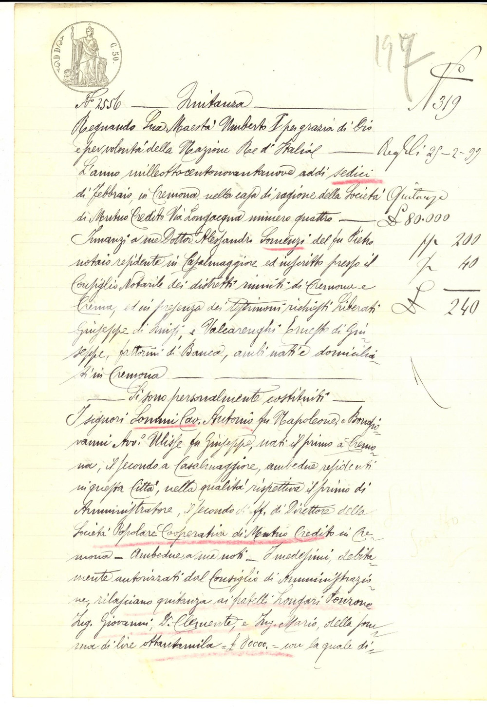 Documento originale, autentico 1899 CREMONA Quietanza SocietÃ  popolare Cooperativa a fratelli LONGARI PONZONE 1