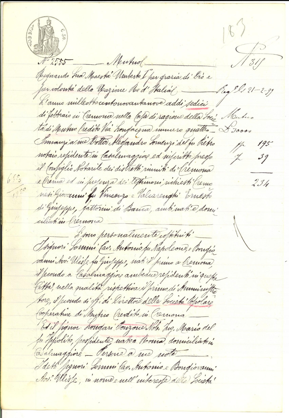 Documento originale, autentico 1899 CREMONA Prestito SocietÃ  popolare Cooperativa a Mario LONGARI PONZONE 1