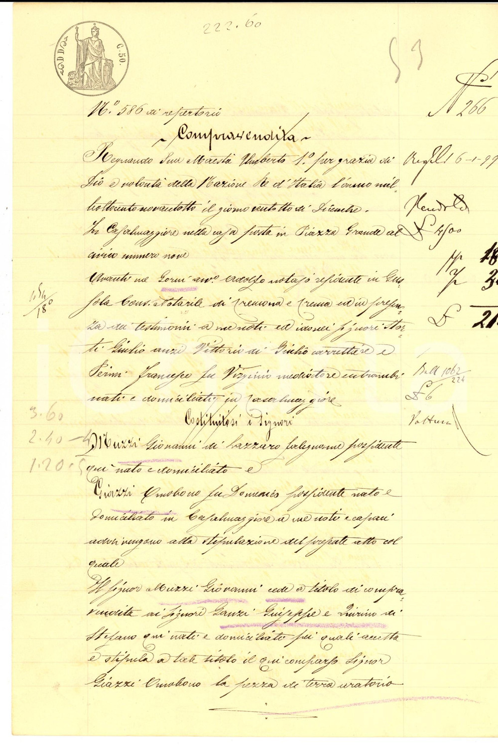Documento originale, autentico 1898 VICINANZA CR Giovanni MUZZI vende terra a Giuseppe e Quirino GANZI 1