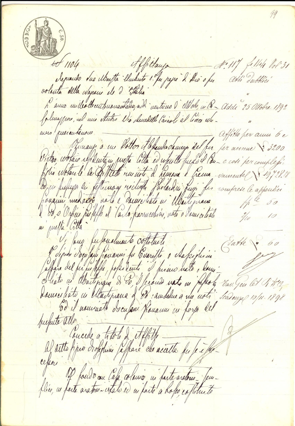Documento originale, autentico 1892 MARTIGNANA DI PO CR Giovanni RECUSANI affitta fondo a Gaspare TODESCHINI 1