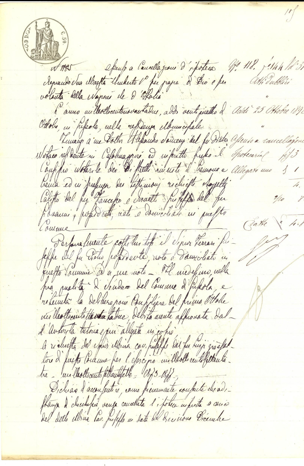 Documento originale, autentico 1892 GUSSOLA CR Assenso a cancellazione ipoteca pro esattore Giuseppe UBINA 1