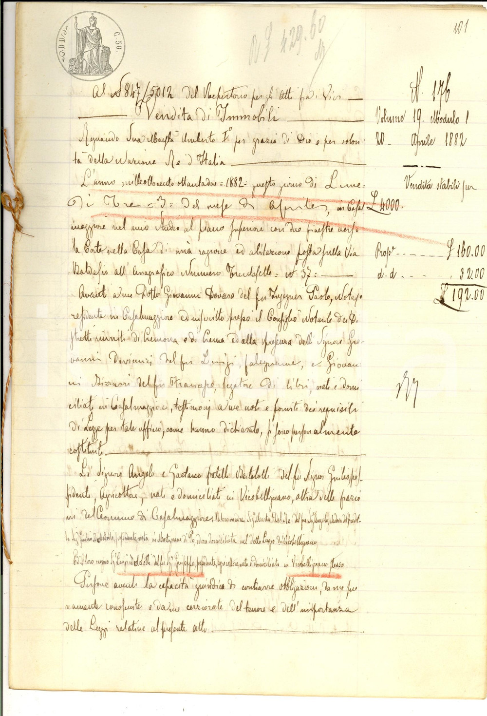 Documento originale, autentico 1882 VICOBELLIGNANO Angelo e Gaetano BERTOLOTTI vendono porzione casa colonica 1