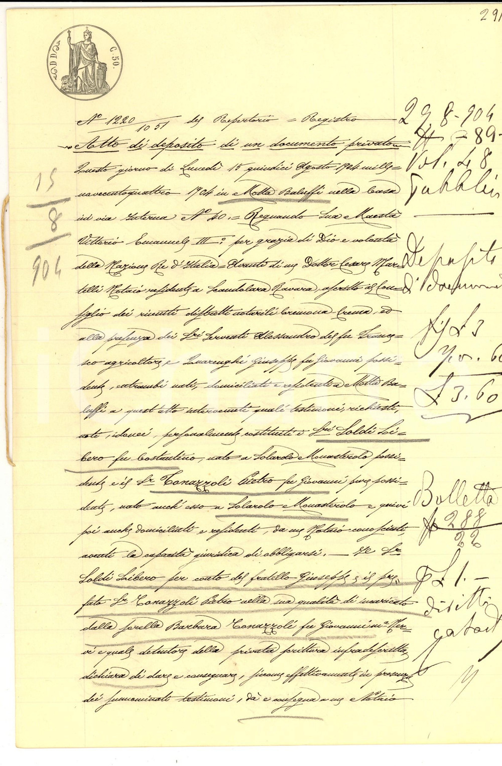 Documento originale, autentico 1904 SOLAROLO MONASTEROLO Deposito scrittura privata SOLDI  TONAZZOLI 1