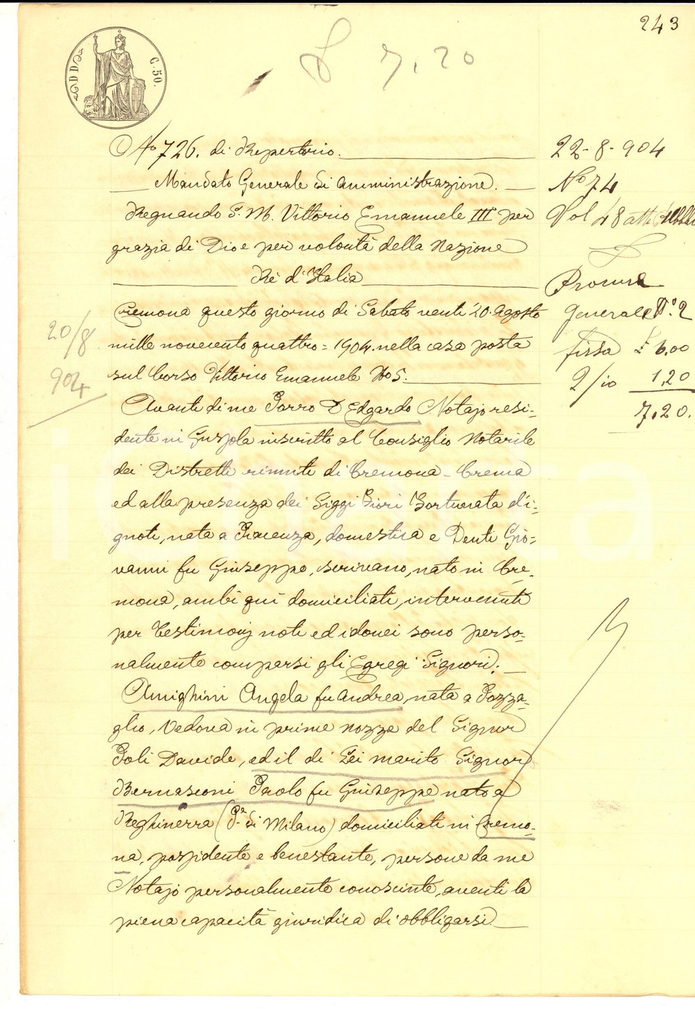 Documento originale, autentico 1904 CREMONA Mandato di amministrazione a Maria e Adelaide POLI Manoscritto 1