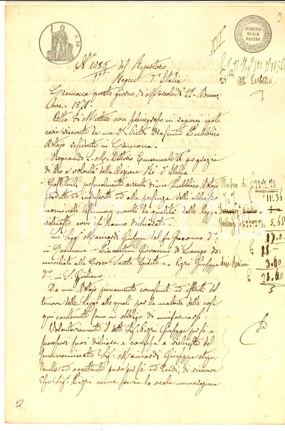 Documento originale, autentico 1871 CREMONA Prestito di Giuseppe MAINARDI a Giuseppe PIZZI Manoscritto 1