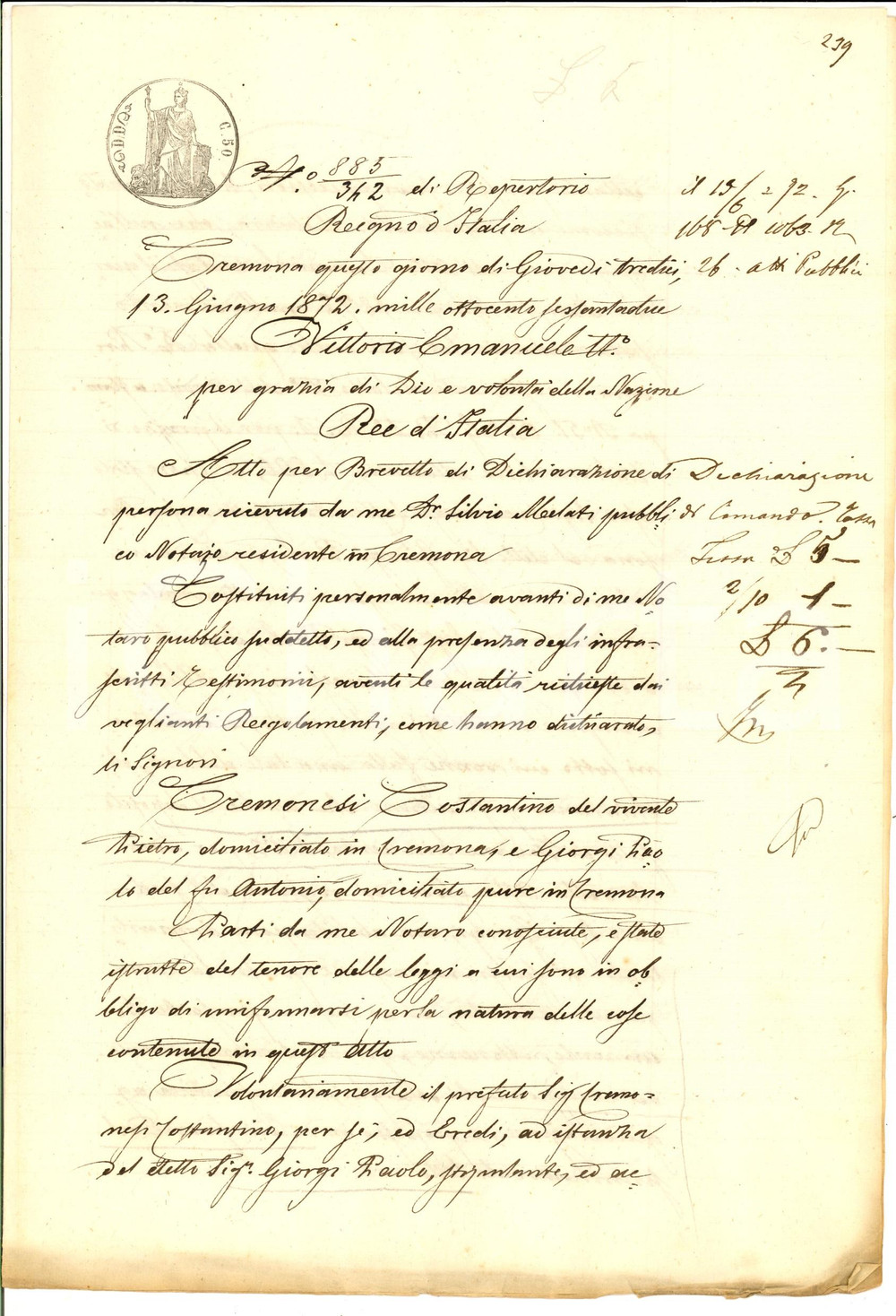 Documento originale, autentico 1872 CREMONA Costantino CREMONESI rappresenta Paolo GIORGI in atto notarile 1