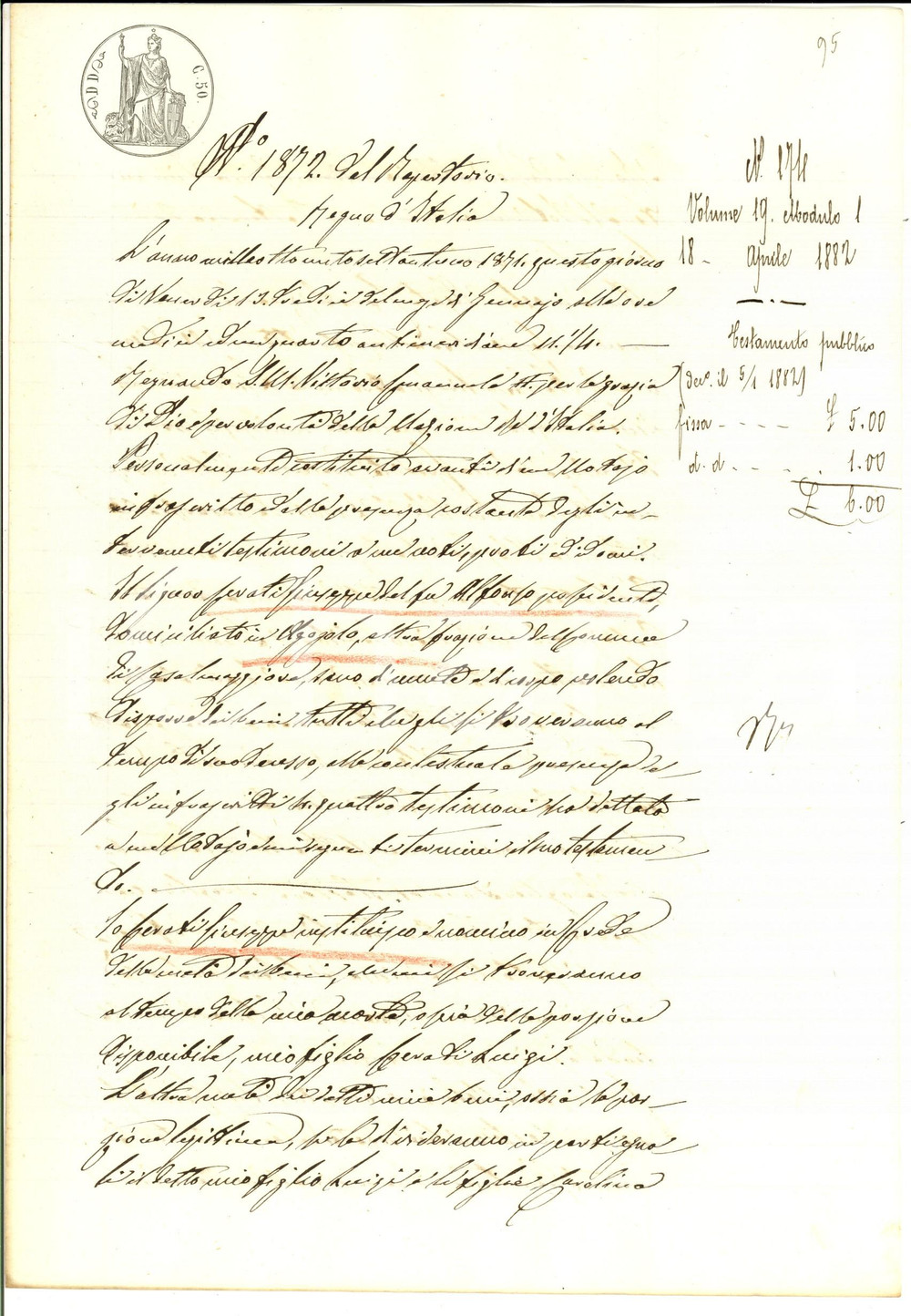 Documento originale, autentico 1871 AGOIOLO CR Testamento di Giuseppe CERATI pro figlio maschio Manoscritto 1