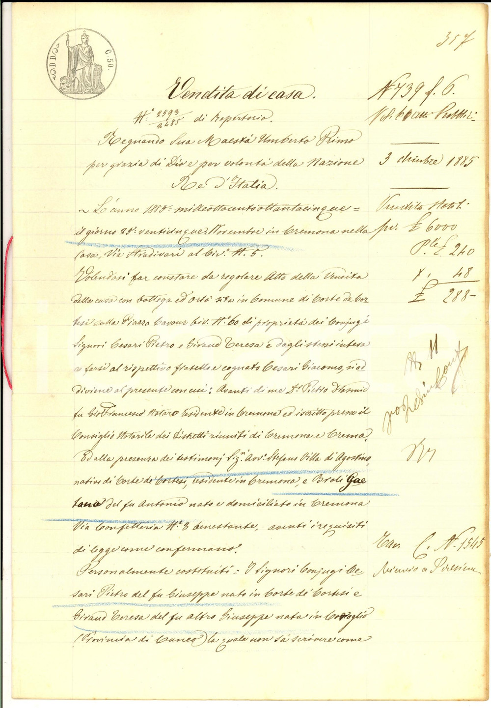 Documento originale, autentico 1885 CORTE DE  CORTESI CR Pietro CESARI vende osteria al fratello Giacomo 1