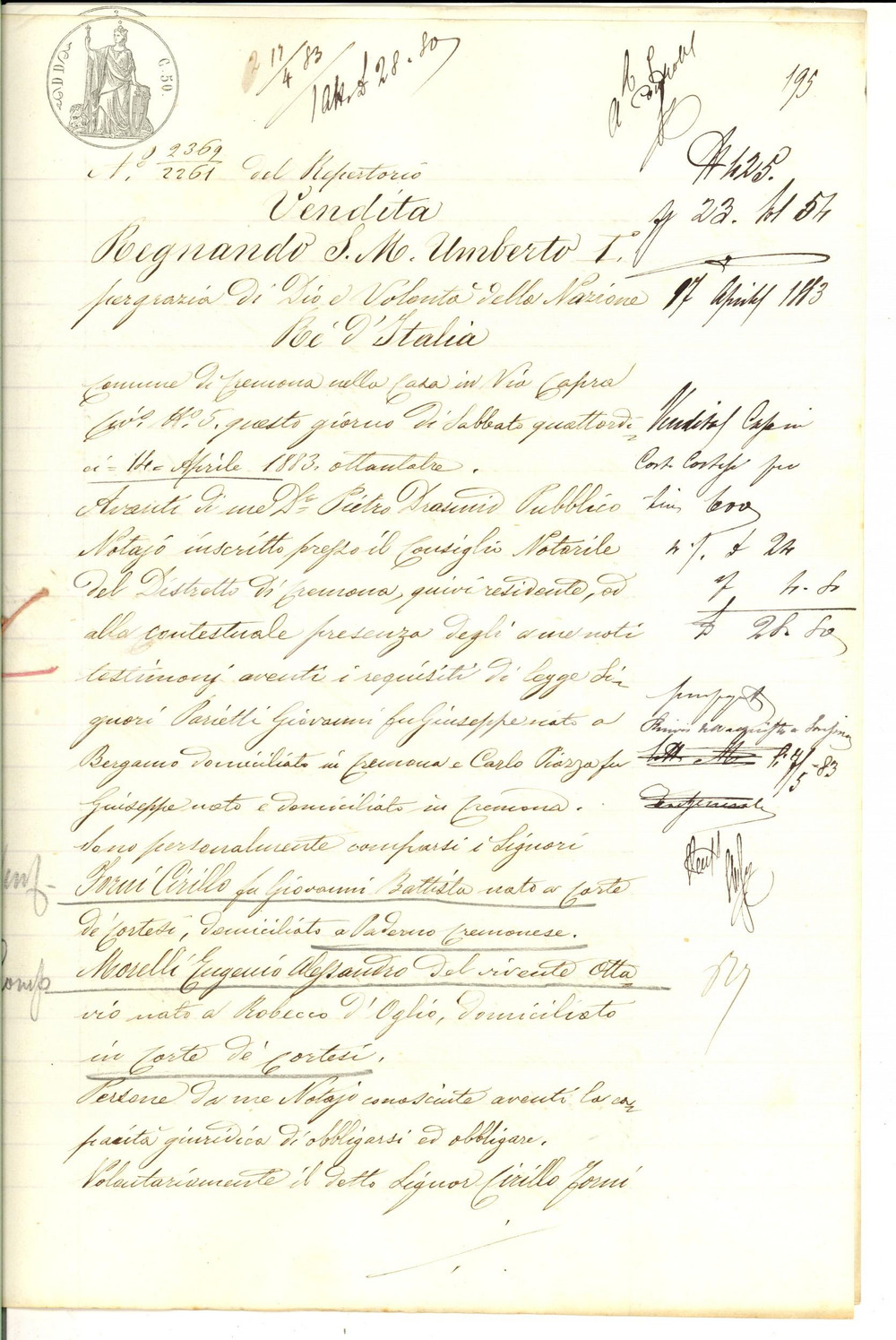 Documento originale, autentico 1883 CORTE DE  CORTESI Cirillo FORNI vende casa via Milanesi a Eugenio MORELLI 1