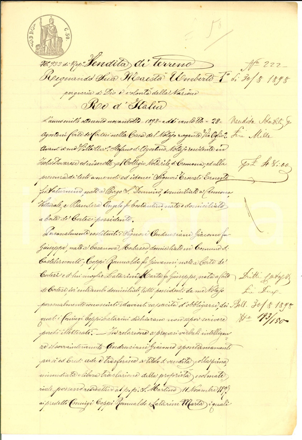 Documento originale, autentico 1898 CORTE DE  CORTESI Giacomo ANDRUSIANI vende ai coniugi COPPI campo BREDA 1