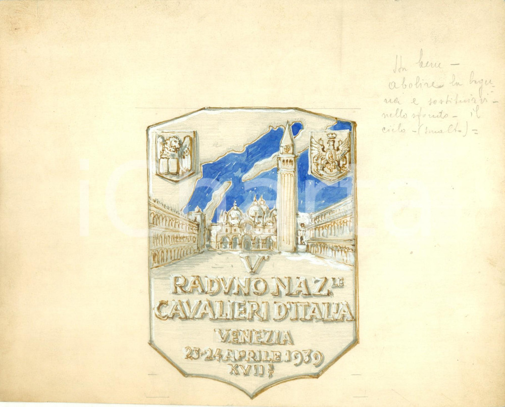 Stampa, bozzetto originale 1939 VENEZIA V Raduno Nazionale Cavalieri d ITALIA Bozzetto DISEGNATO A MANO 1