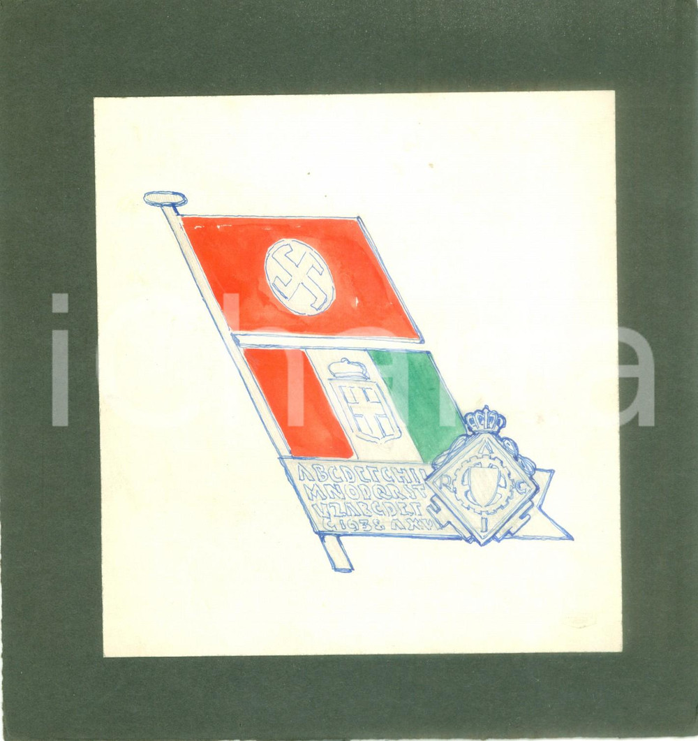Stampa, bozzetto originale 1938 MILANO R.A.C.I. Italia Germania Bozzetto DISEGNATO A MANO per medaglia 1