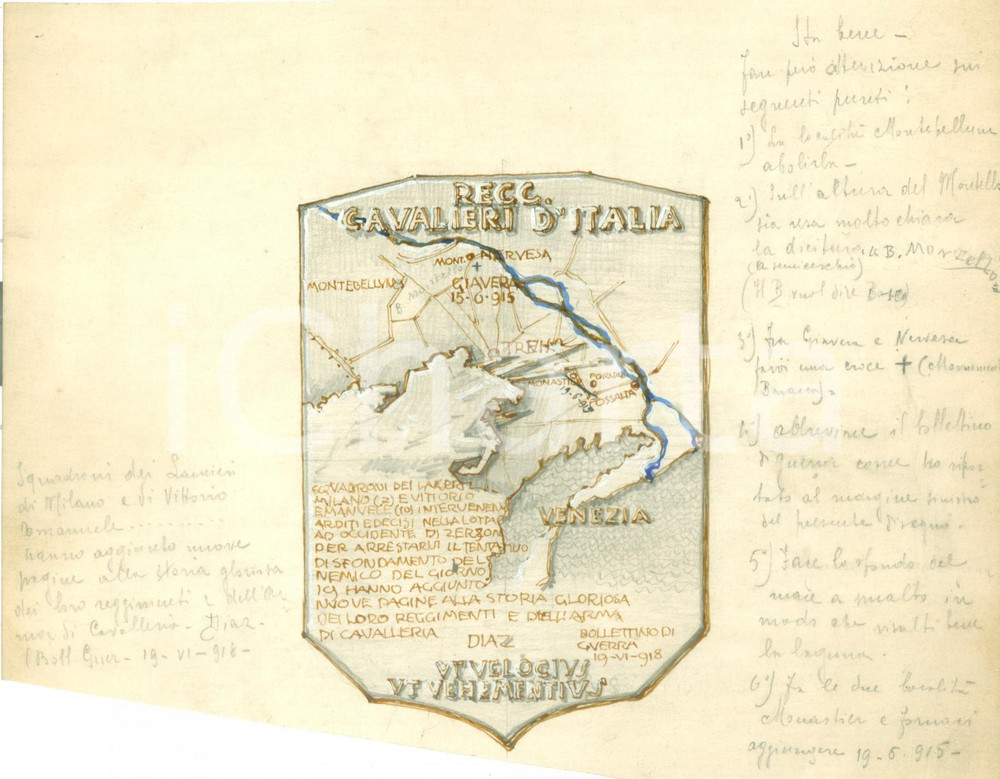 Stampa, bozzetto originale 1935 ca REGGIMENTO CAVALIERI D ITALIA Bozzetto DISEGNATO A MANO per medaglia 1