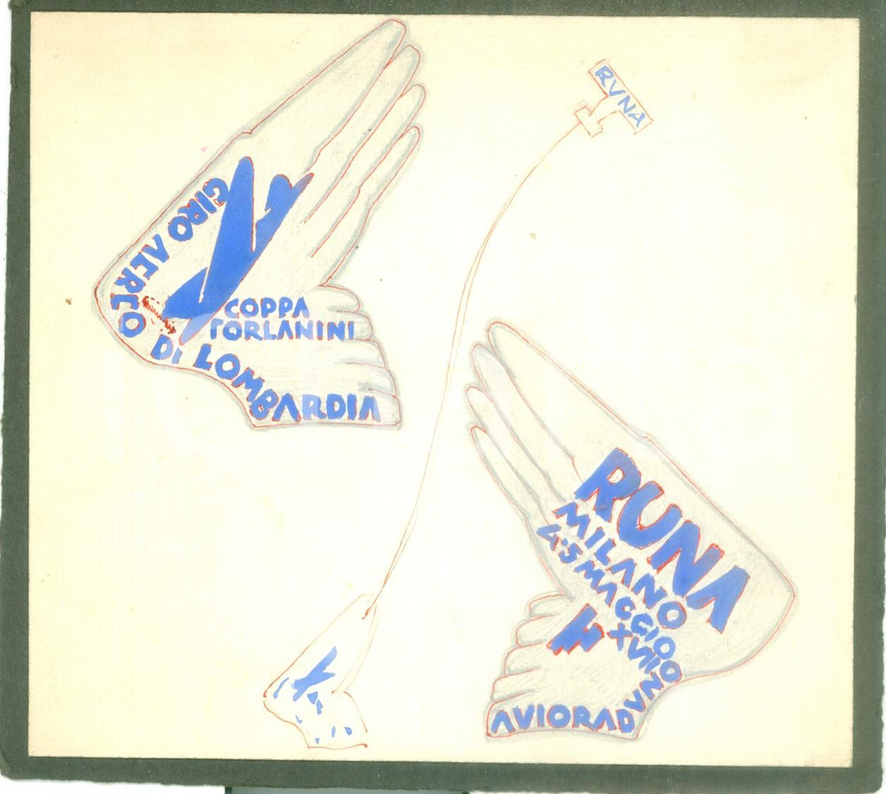 Stampa, bozzetto originale 1939 MILANO Avioraduno RUNA Coppa FORLANINI Bozzetto DISEGNATO A MANO medaglia 1
