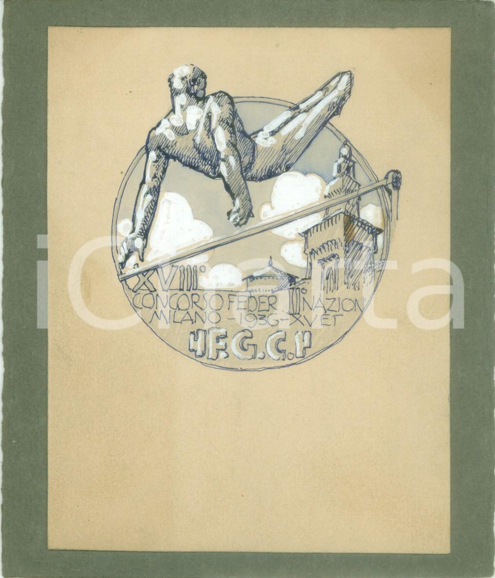 Stampa, bozzetto originale 1936 MILANO F.G.C. XVIII Concorso Federale Nazionale Bozzetto DISEGNATO A MANO 1