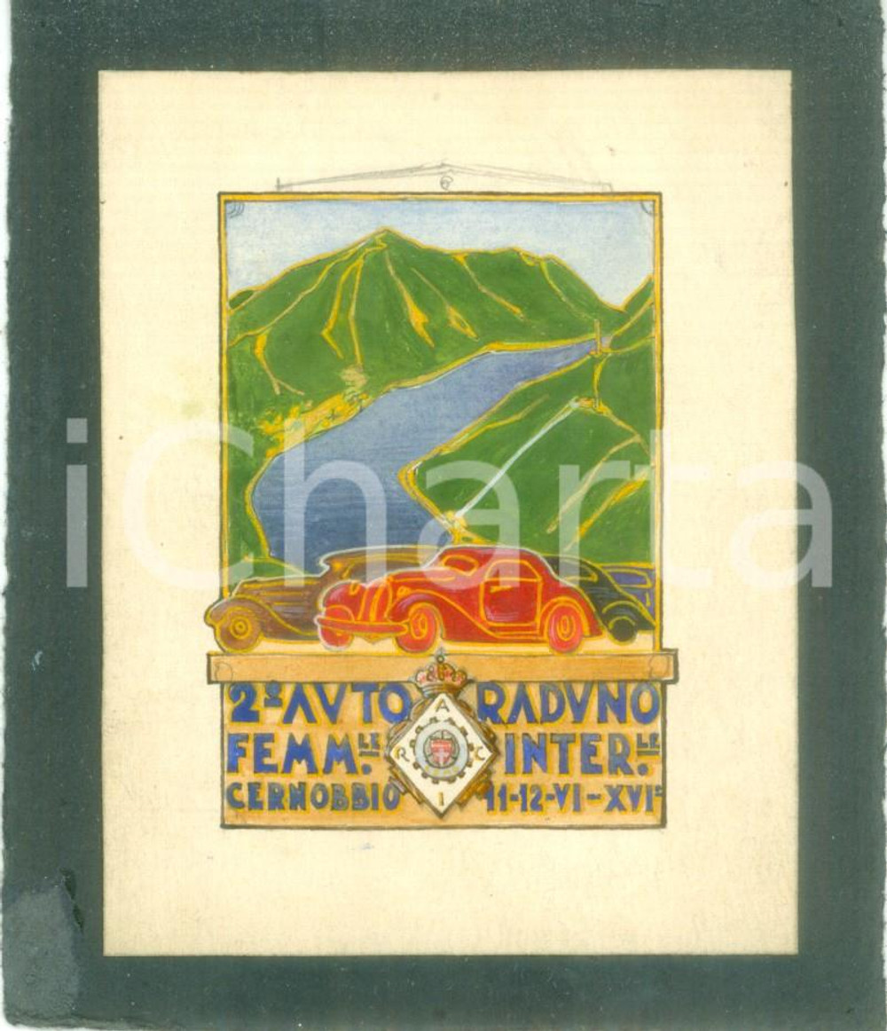 Stampa, bozzetto originale 1938 CERNOBBIO 2Â° Autoraduno Femminile Bozzetto DISEGNATO A MANO per medaglia 1