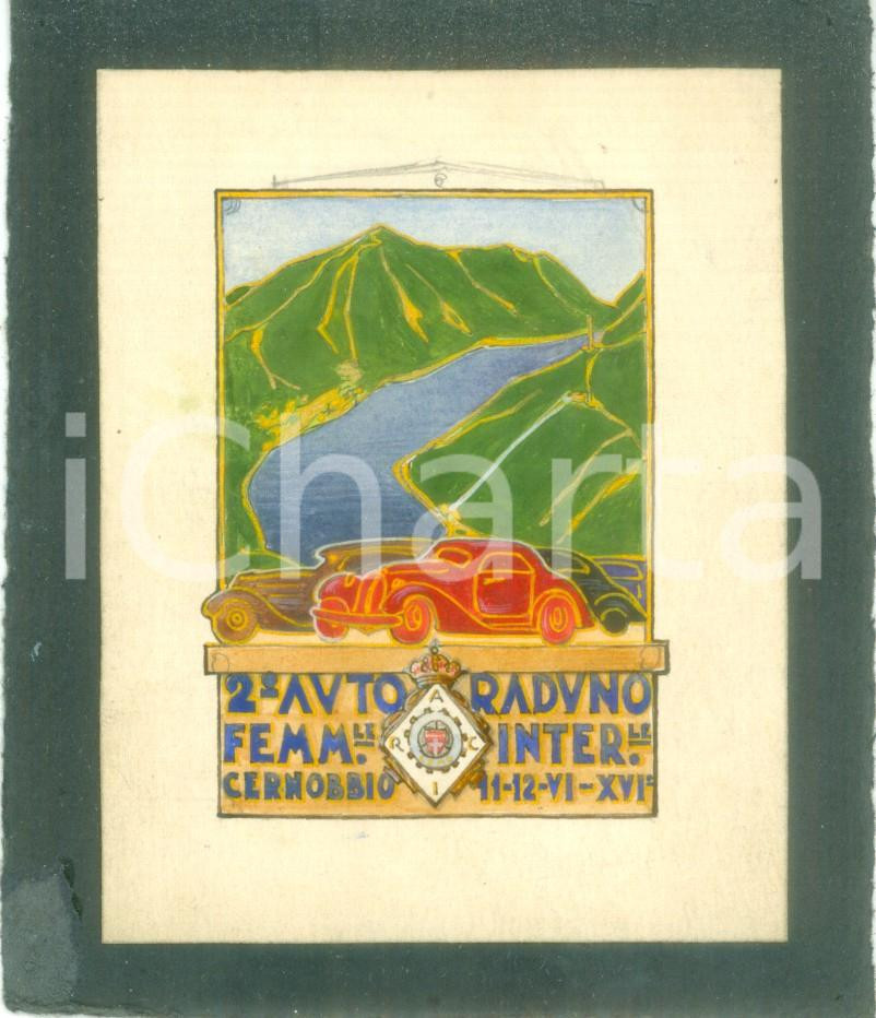 Stampa, bozzetto originale 1938 CERNOBBIO 2° Autoraduno Femminile Bozzetto DISEGNATO A MANO per medaglia 1
