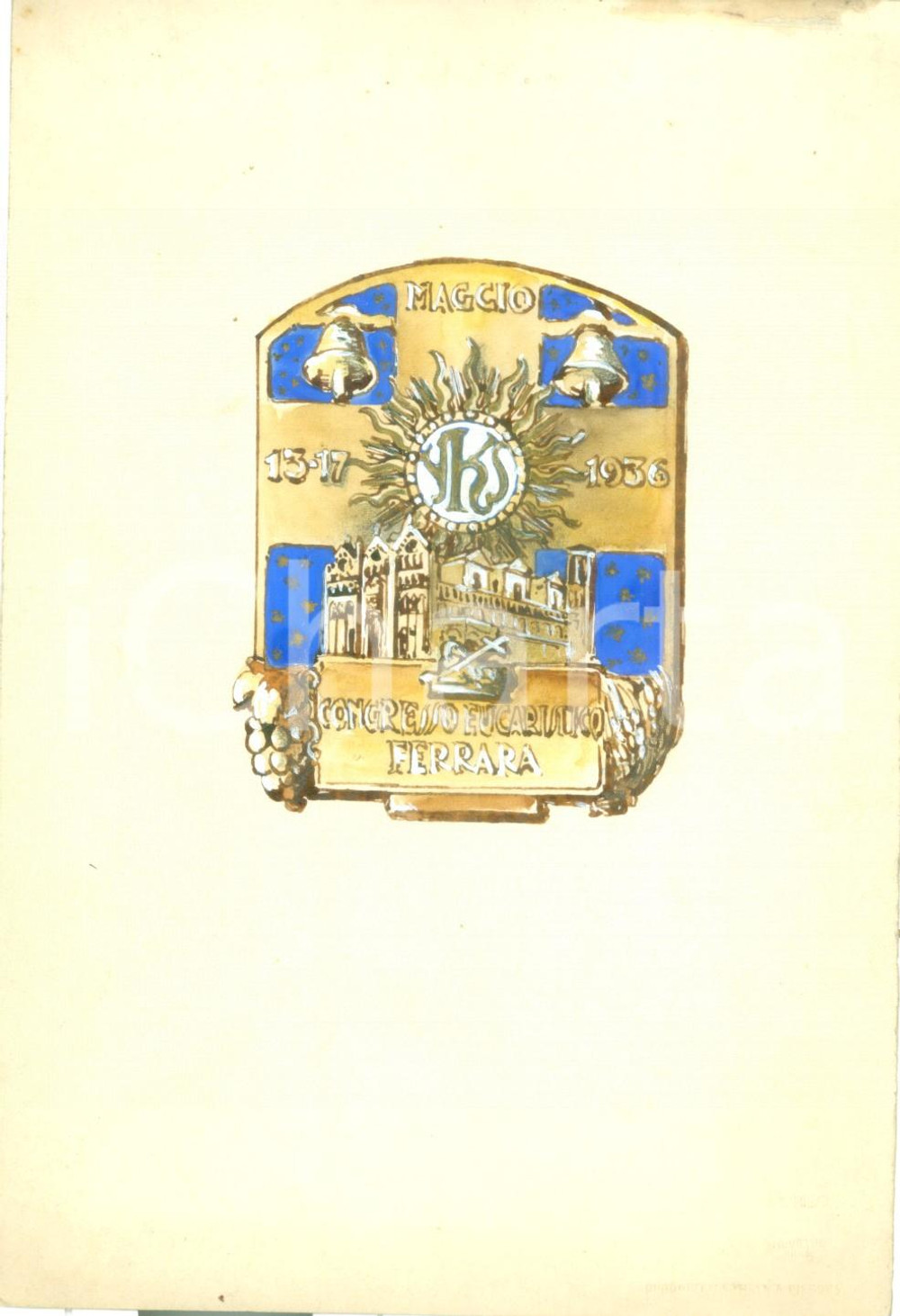 Stampa, bozzetto originale 1936 FERRARA Congresso Eucaristico Bozzetto DISEGNATO A MANO per medaglia 1