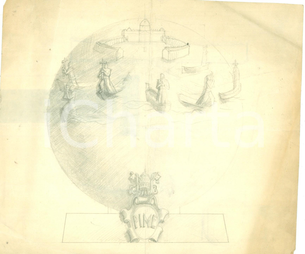 Stampa, bozzetto originale 1935 ca ROMA PIME Missionari in Vaticano Bozzetto DISEGNATO A MANO per medaglia 1