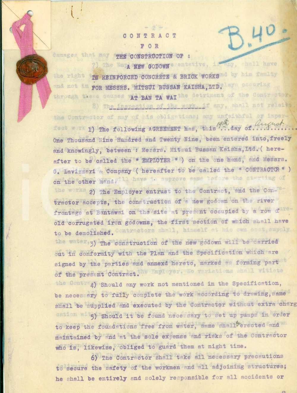 Documento originale, autentico 1929 BAN TA WAI THAILAND Costruzione caletta MITSUI BUSSAN KAISHA Contratto 1