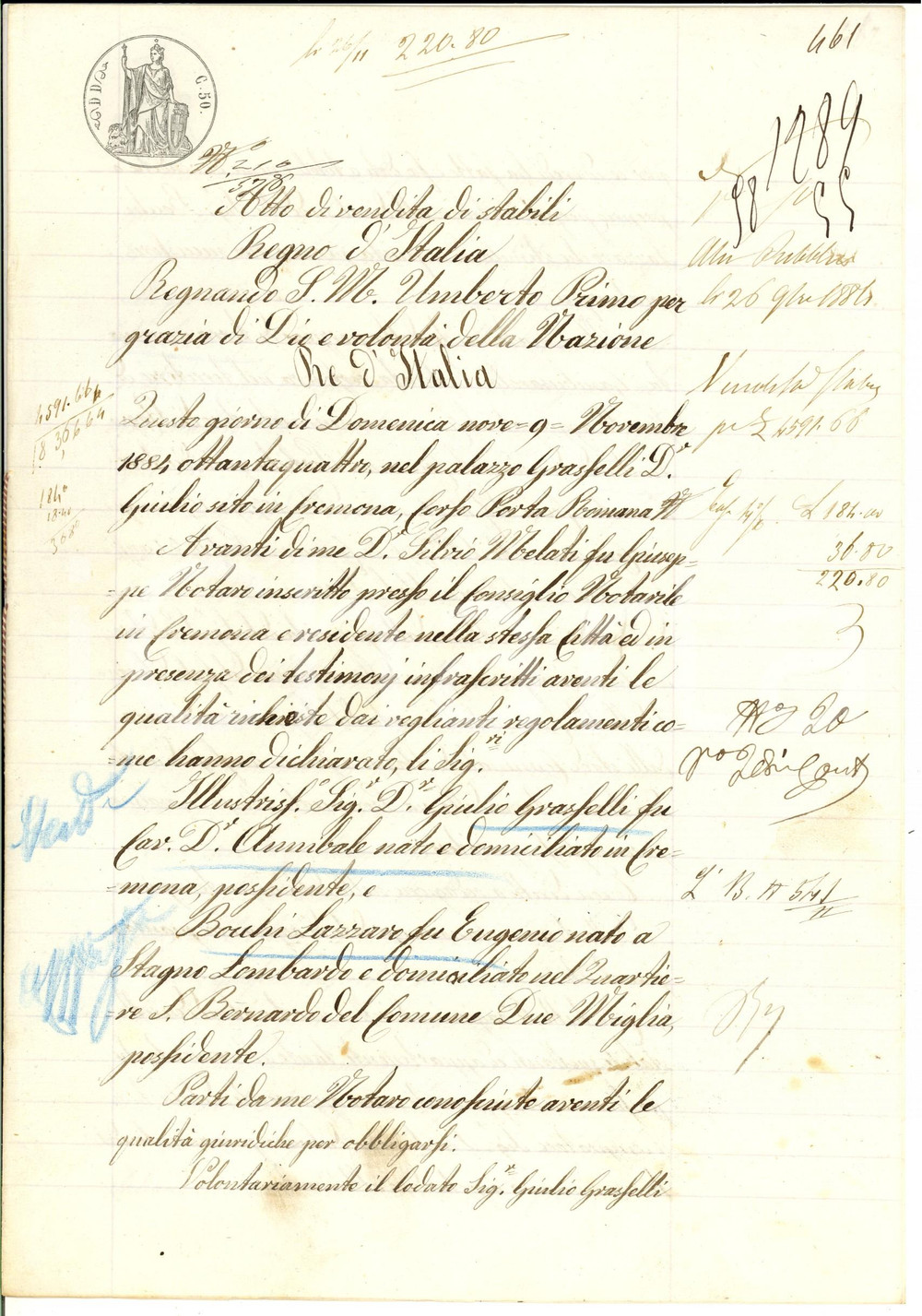 Documento originale, autentico 1884 FORCELLO CR Giulio GRASSELLI vende terra GAMBUSAROLA a Lazzaro BOCCHI 1